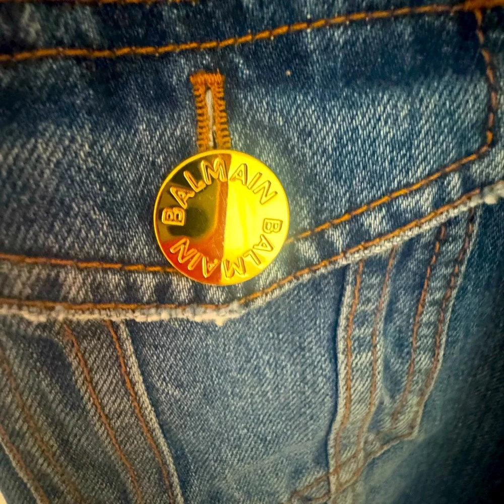 Balmain Short Sleeve Denim Dress with Gold Buttons accents. Gold zipper up back. - Picture 4 of 8